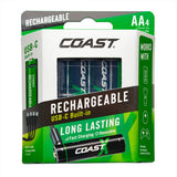 Coast AA 1.5 V, 2400 mAh USB-C Rechargeable Lithium-ion Protected Battery (4 Pack)