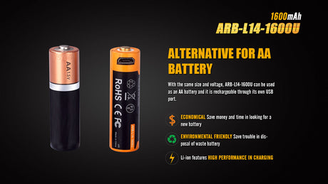 Fenix 14500 1.5 V USB Rechargeable 1600 mAh Li-ion Protected Battery