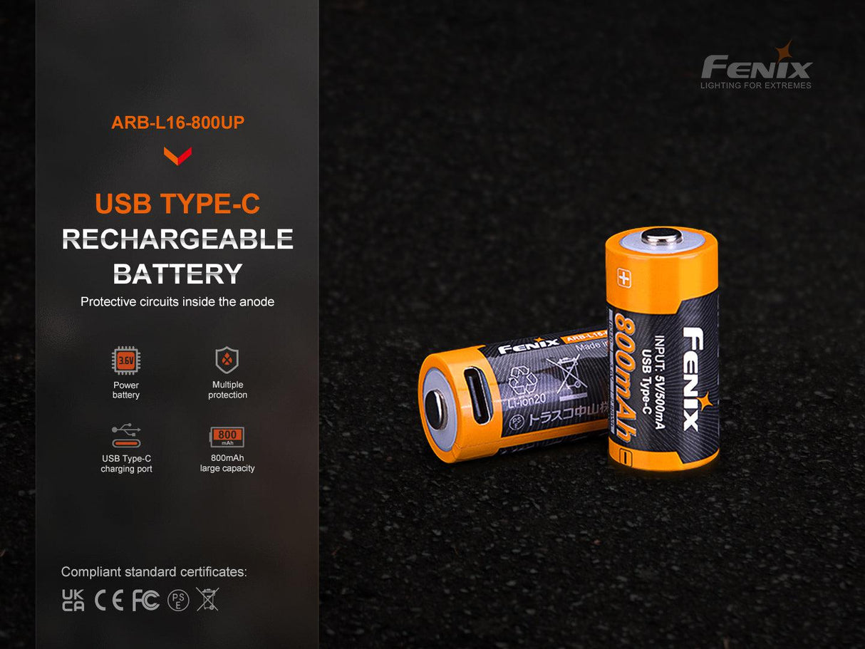 Fenix 16340 USB-C Rechargeable High Discharge 800 mAh Li-ion Protected Battery