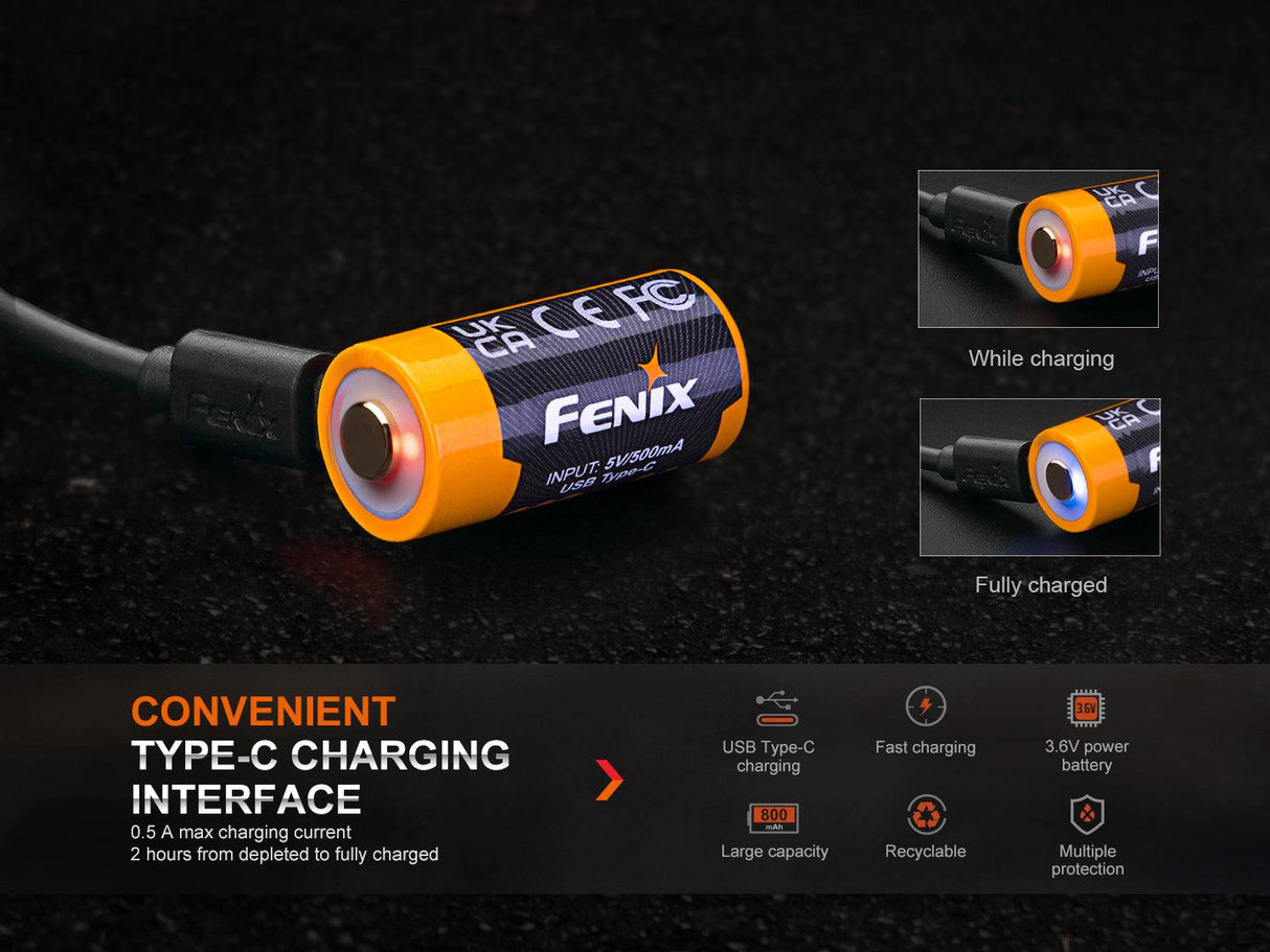 Fenix 16340 USB-C Rechargeable High Discharge 800 mAh Li-ion Protected Battery