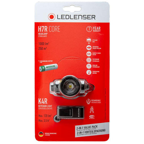 Ledlenser H7R CORE Rechargeable LED Head Torch + K4R LED Key Ring Torch Bundle