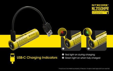 Nitecore 21700 USB-C Rechargeable 5000 mAh 15 A High Discharge Lithium-ion Protected Battery (NL2150HPR)