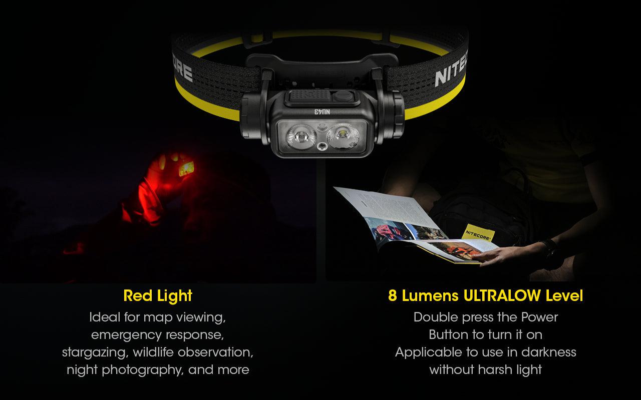 Rechargeable head torch with shop red light