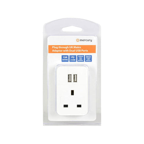 Plug Through Mains Adaptor With Dual USB Ports (2 x 1200 mA Output)